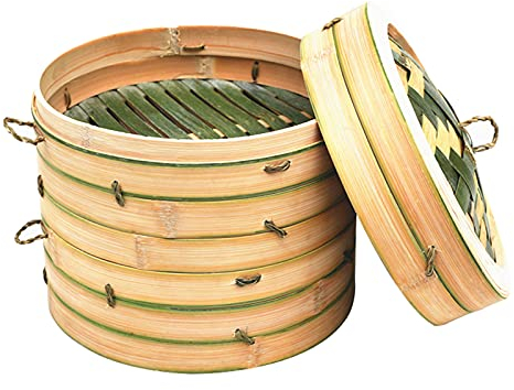 LTLWSH Bamboo Steamer, 2 Tiers Chinese Food Steamers, Traditional Design Healthy Cooking for Dumplings, Vegetables, Chicken, Fish - Handmade Steam Basket Included 2-Tiers with Lid,28cm