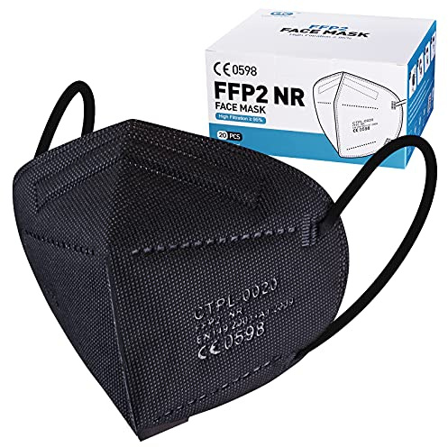 Nufasion 20 Stück FFP2 Masken Schwarz CE0598 Zertifizierung Mundschutz FFP2 Filtr-rate â‰¥ 95 5-Lagige Maske, Einzeln verpackte KN95/FFP2 Maske atmungsaktive, Mit verstellbarem Nasendraht FFP2 Atemsc