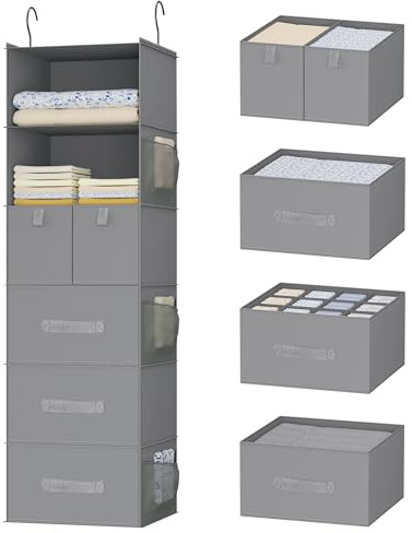 Bosuelife Hängeschrank mit 6 Ablagen und 5 verschiedenen Schubladen, faltbaren Schrank-Organizer und Aufbewahrung für Kleiderschrank, Schrank und Wohnmobil, Kleidung und Zubehör, Vliesstoff, Grau