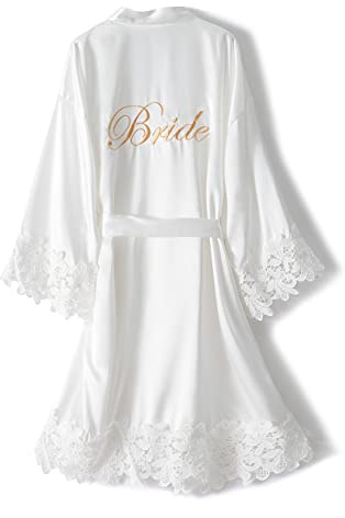 Crystal Dew Women's Lace Trim Bride Kimono Robes with Embroidery Bridal Silky Satin Bathrobe Wedding Party Sleepwear