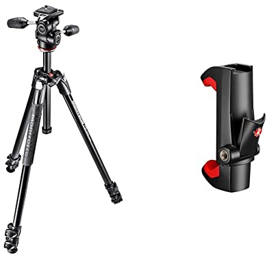 Manfrotto, Treppiede con Borsa, Testa a 3 Movimenti, 3 Sezioni in Alluminio, Nero & MCPIXI Attacco Universale per Smartphone, Versione Pro