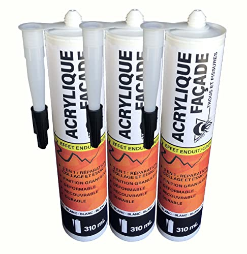Méduze – Lot 3 x mastic acrylique façade en cartouche 310 mL – Trous et fissures – Blanc – Effet enduit/crépi – Extérieur – Durable