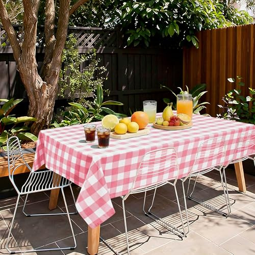 Hiasan Tischdecke Outdoor Wetterfest Karierte Abwaschbar, Rosa und Weiß | 130x160cm, Tischdecken aus Polyester, Wachstischdecke Wasserabweisend, Tischtuch für Bierzeltgarnitur Esszimmer Party Garten