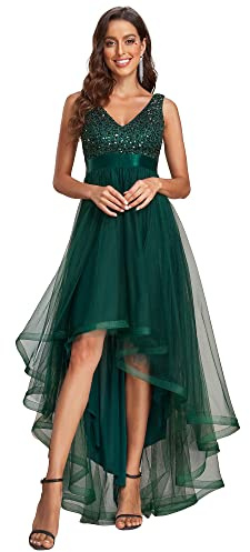Ever-Pretty Robe pour Mariage Invité Femme Longue Paillettes Tulle Col V Asymétrique A Line Brillante Vert Foncé 44