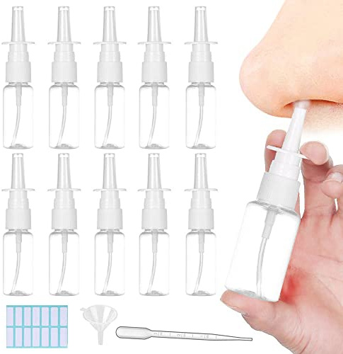 SKYPRO 10 botellas de spray nasal recargables con pipeta, embudo y etiquetas, de plástico transparente de 20 ml, atomizadores, recipientes de agua de maquillaje para viajes al aire libre