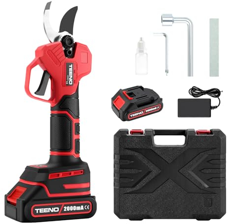 TEENO Elektrische Baumschere 21V, Professionelle Gartenschere MAX 25 mm Schnittdurchmesser, Schere Astschneider Rosenschere Kabellos mit Sicherheitsschalter, 1 * 2000mAh Akkus für 3-4 Arbeitsstunden