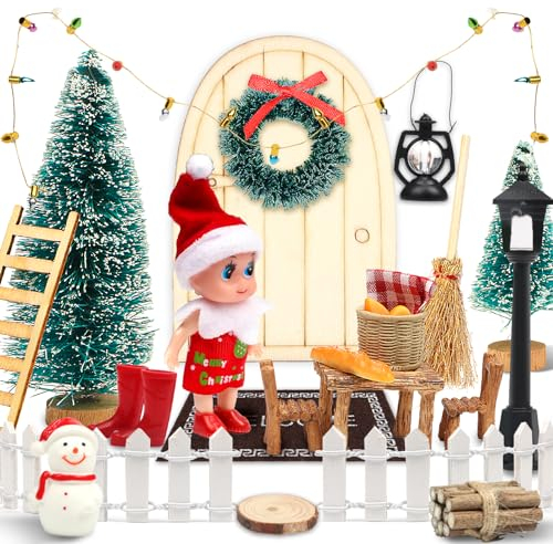 DANXIAN 24 Stück Wichteltür Zubehör Weihnachten Set, Miniatur Wichtel Zubehör Weihnachten, Fenster, Zaun, Weihnachtsbaum,Teppich, Laterne, Postfach, Kranz, Stiefel, Feentür Dänische Weihnachtsdeko