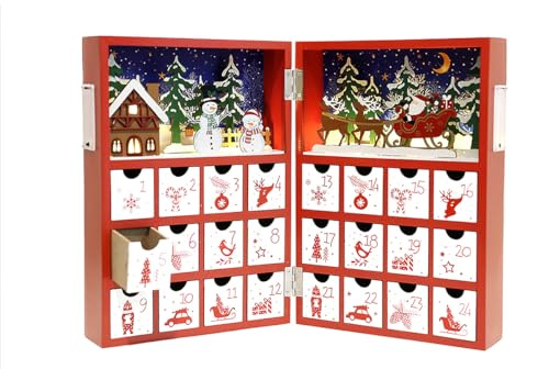 PE Calendrier de l'Avent en Bois à remplir - Compte à Rebours de Noël avec Éclairée et 24 tiroirs - Motif Maison de Noël et Bonhomme de Neige Rouge