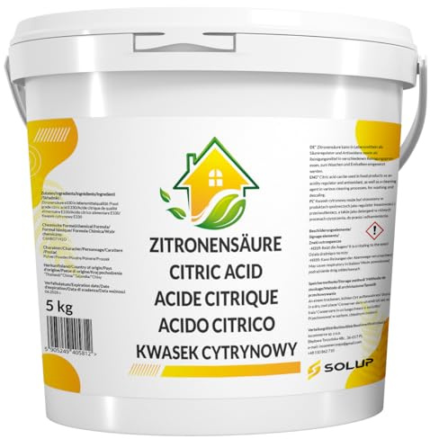 SOLUP Zitronensäure Pulver 5 kg | Lebensmittelqualität | Entkalker E330 | Entkalker Kaffeevollautomat | Nur ein Inhaltsstoff | Ohne Zusätze und Rieselhilfe | Luftdichter Eimer mit Griff