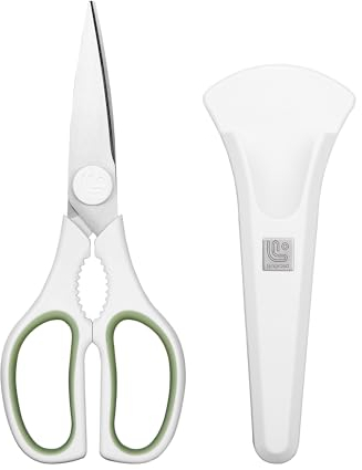 Linoroso Tijeras de Cocina con Soporte Magnético - Tijeras Multifuncionales Ultra Afiladas de Acero Inoxidable para Cortar Alimentos, Aves, Pescado, Pollo, Pizza, Verduras y Hierbas - Blanco