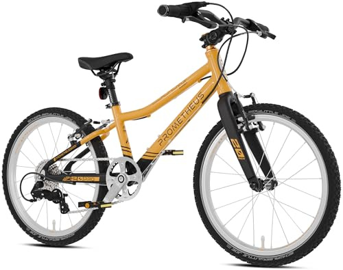 PROMETHEUS BICYCLES Pro Bicicleta 20 Pulgadas niño niña Aluminio | Bicicleta niño 20 Pulgadas BMX de 6 años | Super Ligera | Cambio Microshift de 7 velocidades | Negro Mate y Naranja