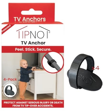 TipNot TV-ankare, ingen borrning, anti-tipp, självhäftande TV-säkerhetsremmar – bara skala av och klistra fast på barnsäkert och barnsäkert ditt hem 4-pack