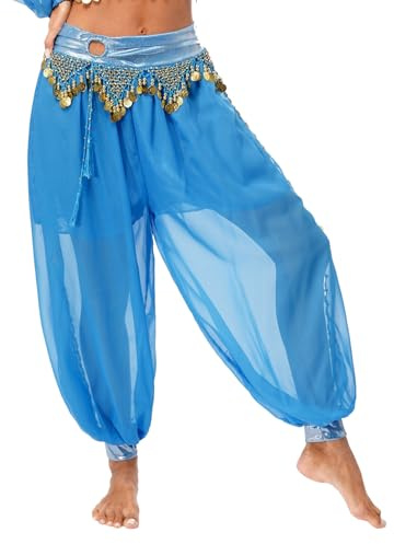 Nyeemya Pantalones Bombachos para Danza del Vientre, Pantalones árabes Tribales de Gasa para Mujer, Suelto Brillante con Lentejuelas, pantalón Bombacho Cielo Azul D M