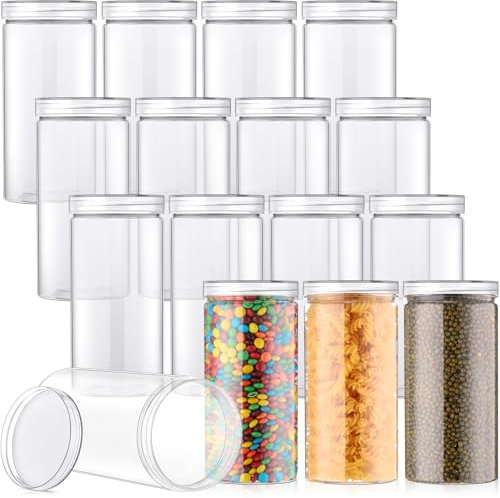 Dandat 16 Pcs Plastic Jars with Lids 30 oz Bottles Containers Plastic Mason Jars Canisters Cylinders Storage Kitchen and Household Organization Cup for Dry Goods, Spice, Honey(Clear)
