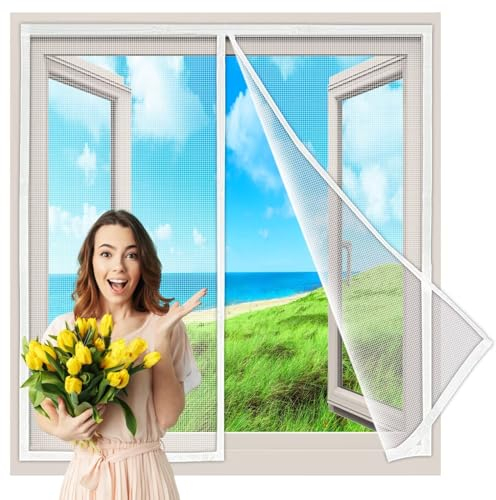 Magnet Fliegengitter Set für BalkonFenster, 155x140 cm TerrassenFenster Fliegenvorhang & Insektenschutz Fenster mit Fliegenklatsche Klebeband Innovativ, Weiß