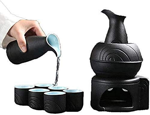 SACIKIKI Ceramica Smaltata Nera in 9 Pezzi con Vaso scaldavivande e fornello a Candela, squisita Ceramica per Freddo/Caldo/Shochu/tè