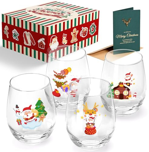Joymaking Christmas Wine Glasses - Mulled Wine Glass Sets of 4, 17oz Funny Christmas Glasses