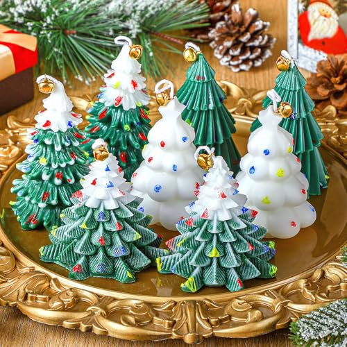 Conelist 8 Pcs Christmas Tree Shaped Soy Wax Tealight Candles - Handmade, Scented Green & White, Perfect for Xmas Home & Table Decorations