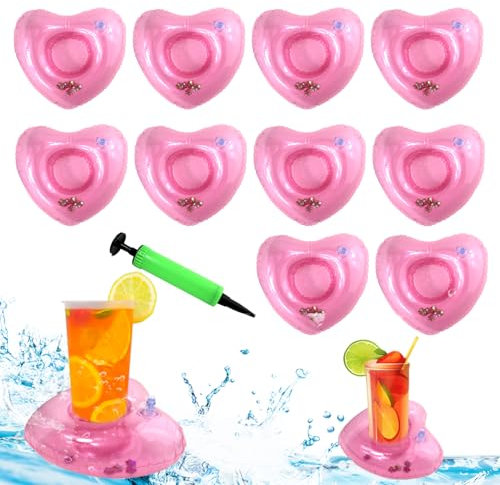 12pcs Heart Shape Inflatable Drink Holders Floats, Drink Float Cup Holder for Swimming Pool Bachelorette Party, Pool Decorations Accessories for Adults