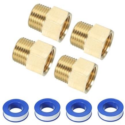 PATIKIL Juego de 4 accesorios de latón para tuberías con cinta selladora, adaptador reductor de 1/2 NPT macho a 1/2 NPT hembra para prolongación de tubo de grifo de bañera y ducha dorado