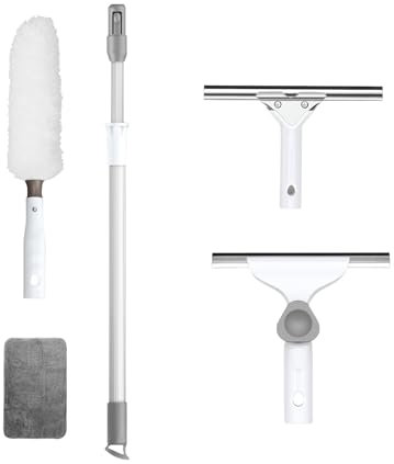 Escoba Mágica con Mango Extensible,ángulo Ajustable rascadora 25cm,Plumero 55cm,Limpiador de Agua,Cubierta de Microfibra para Una Limpieza sin Rayas(Blanco) (90cm)