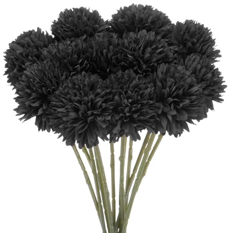 M METERXITY 12-Pack Flores de Bola de Crisantemo Artificial, Ramilletes de Hortensias de Seda de 11, Tacto Real, Flores Falsas para Hogar/Boda/Navidad/Fiesta/Jardín Oficina [Negro]