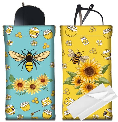 CREATCABIN 2Pcs Leather Glasses Case Portable Slim Bee Sunflower Sunglasses Case Bag Squeeze Top Soft Eyeglasses Holder Pouch Travel Waterproof with Cleaning Cloth Gift for Women Men Holiday 7x3.5Inch