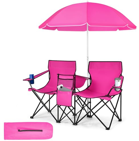 TANGZON Double Camping Chair, Portable Folding Loveseat Chair with Umbrella and Carry Bag, Outdoor Leisure Lover Chairs for Finishing, Picnic, Travel, Hiking, Beach and BBQ (Pink)