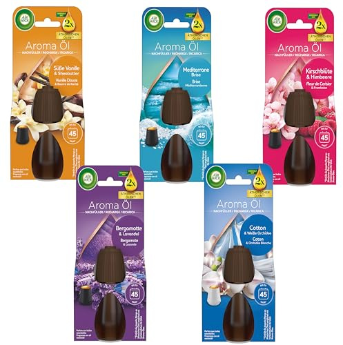 Air Wick Aroma-Öl Flakon - Refill SET 5x20ml - 1x Cotton & Weiße Orchidee, 1x Bergamotte & Lavendel, 1x Mediterrane Brise, 1x Vanille & Sheabutter & 1x Kirschblüte & Himbeere