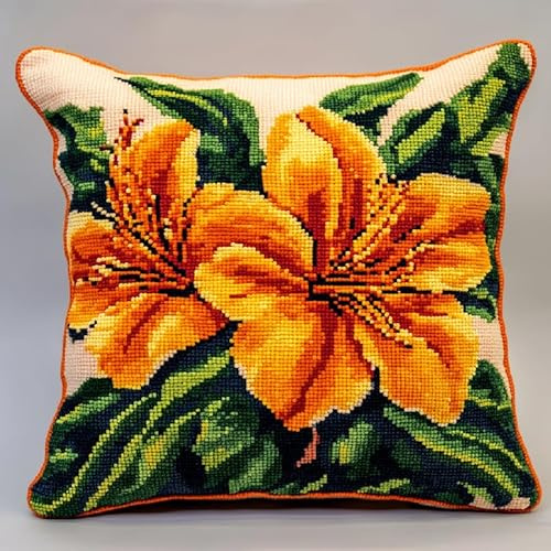 ANSIWEIGO Cross Stitch Pillow Needlepoint Kit for Beginner Stamped Crossstitching Kits for Adults 11CT Prestamped Cross Stitching Easy Pattern Stitches Kit-18x18 inch,Orange Azalea