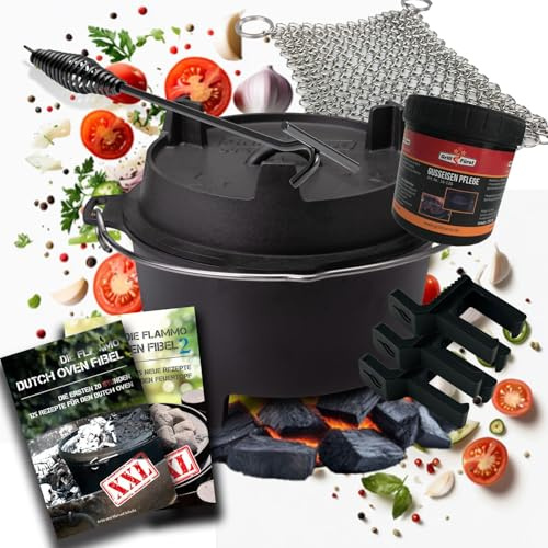 Grillfürst Dutch Oven BBQ DO 9 (ca. 9 Liter) - mit 35cm Deckelheber, Abstandshalter, Ringreiniger, Pflegepaste + 2x Dutch Oven Fibel XXL