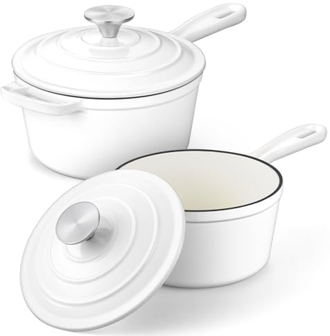 Leonyo - Set di padelle per salsa da 1 e 2 qt, in ghisa smaltata, con coperchio, piccola casseruola in ghisa, forno olandese, da cucina, per tutti i piani cottura di pasta, latte, farina d'avena, fino