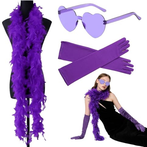 LEOINAER Boa di Piume Colorate Boa di Piume Colorate da Sole con Lenti Cuore, Occhiali da Sole e Guanti da Festa, Set Accessori Eleganti e di qualità, 1 Set, Nero e Rosa