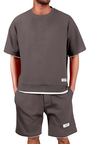 Khaki Waffle Trainingsanzug Herren Jogginganzug Sommer Kurz Freizeitanzug Kurzarm Tshirt + Kurze Jogginghose Sets 2 Teilige Casual Sommeranzug Fitness Sportanzug Y2k Tracksuit für Urlaub Strand Alltag