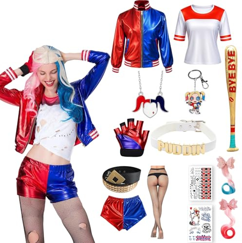 JrnSvp Harley Kostüm Damen, Halloween Kostüm Damen, 13 Stück Cosplay Set für Halloween und Karneval, Inklusive Perücke, Jacke und Zubehör, für Karneval Cosplay Faschings Halloween(S/M/L)