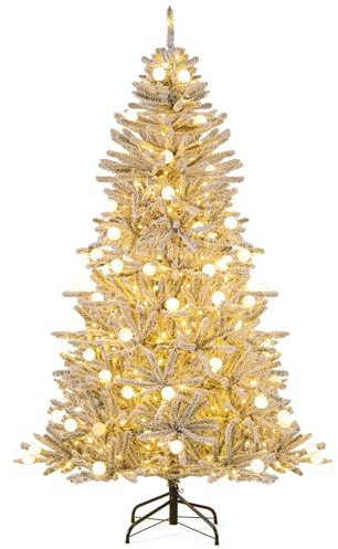 GYMAX Albero di Natale Artificiale Pre-illuminato 150/180/210 cm, Albero di Natale Innevato con 190/270/350 Luci LED, 8 Modalità, 602/806/1072 Punte di Rami, 26/32/40 Pigne e Bacche Rosse