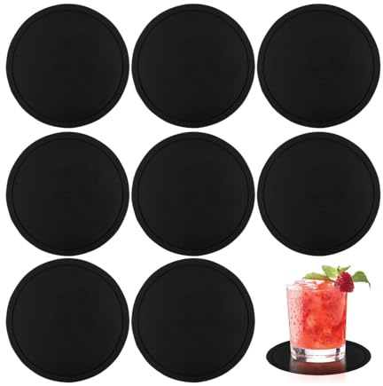 8PCS Black Coasters, Silicone Round Drink Coasters, Non-slip Coffee Beer Mats for Home and Bar Use