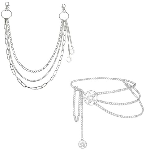 2 Stück Punk Accessoires, Set mit Kettengürtel und Hosenkette, Silberfarbene Grunge Accessoires für Gothic-Outfits, Partys und Tanzveranstaltungen