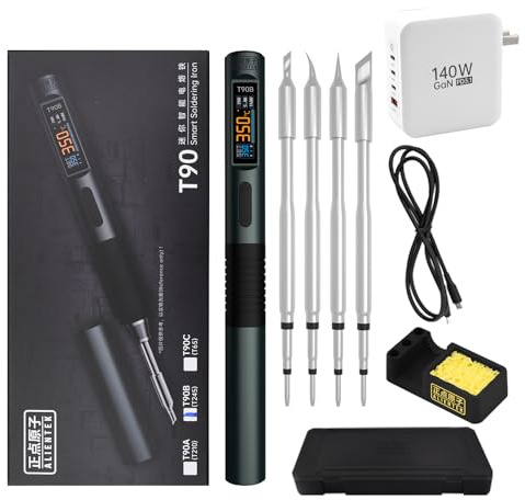 ALIENTEK 140W Soldering Iron Kit, T90 Fast Heating Digital Soldering Iron Adjustable Temperature PD3.1/QC,Type-C Portable Digital OLED Screen Display USB Soldering Pen C245 (T90B Soldering Iron Set)