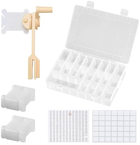 FrostyFlair Stickerei Zahnseide Organizer, Aufbewahrungsbox für Stickgarn & Kreuzstichfäden, 24 Fächer mit 100 Plastik-Spulen & Spulenwickler für DIY Näharbeiten
