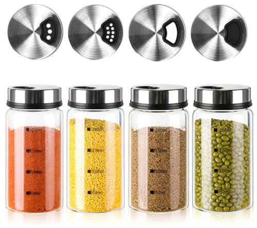4 Stück Gewürzgläser mit Drehdeckel, 200ml Salzstreuer, Borosilikatglas Gewürzstreuer, Salz und Pfefferstreuer, Gewürzdosen mit Gewürzlöcher, Gewürzstreuer für der Küche, Kochen,Grillen im Freien