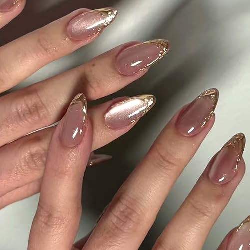 Viugex 24 stycken medelstora mandelnaglar, rosa kattögon glänsande tryck på naglar, guld 3D franska akrylnaglar, full täckning konstgjorda naglar för kvinnor och flickor