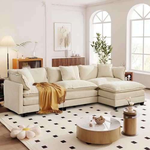 Sofá de salón Modular L 3 plazas 289cm, Chenilla Beige con Cojines Dobles