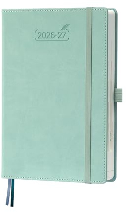 BEZEND Kalender 2026 2027 Tageskalender 1 Tag 1 Seite A5 (21,5 x 15,5 cm) | 12-Monate Terminplaner Aug 26 - Jul 27, 30-Min-Taktung 7-21 Uhr, PU-Leder Hardcover, 80 GSM Papier, Mintgrün