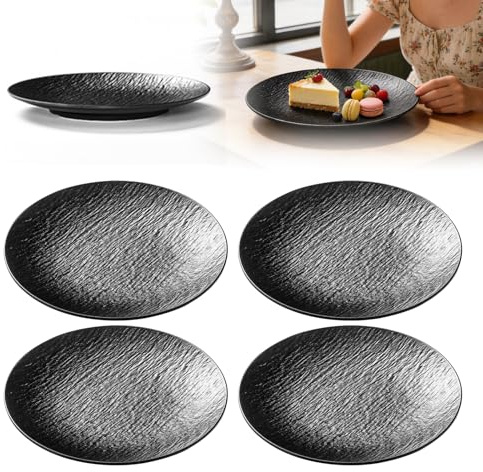 GOEDCH 4 platos llanos negros: diámetro 20,2 cm, platos de pastel de melamina negra, reutilizables, ligeros y resistentes, juego de platos de melamina negra para picnic, camping, jardín, al aire libre