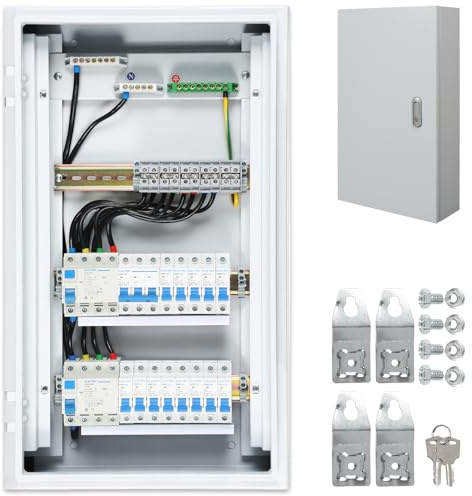 Warmfay Unterverteilung Verdrahtet Sicherungskasten mit FI RCD Schalter und LS Schalter, Unterputz Aufputz 3-Reihig Verteilerkasten IP54 Wasserdicht für Haus Werkstatt und Gewerbe