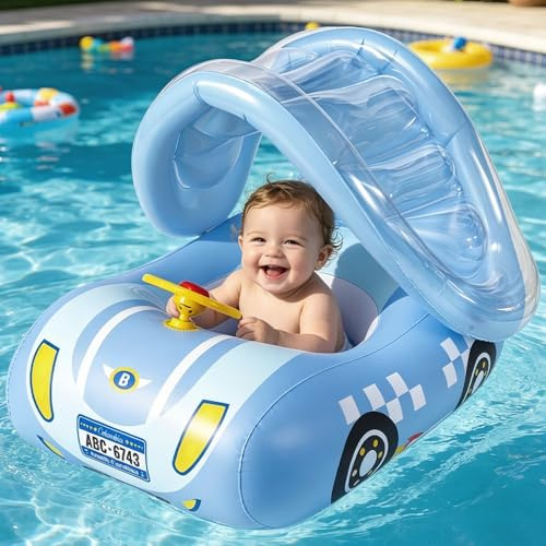 Nzkeuf Schwimmring Baby mit Abnehmbarem Sonnendach, Autoform Baby Schwimmring mit Lenkrad, Verstellbarer Sicherheitssitz, Schwimmhilfe Swimming Float für ab 1-4 Jahre