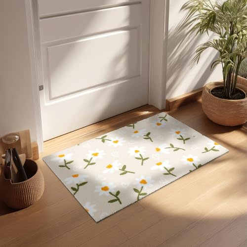 Rutschfeste Sauberlaufmatte innen - Beige Gänseblümchen 50x70cm(Rechteckig) | Miabella Türmatte rutschfester Läufer Wohnraum Fußmatte extrem saugfähiger Küchenläufer waschbar bei 30°C Schmutzfangmatte