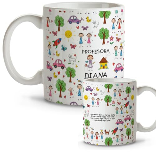 DEREGALOOS Taza Profesora Personalizada Fin de Curso 330ml. Cerámica con Diseño Original Divertido. Regalo Profesor Maestra Seño Tutor para Agradecimiento Detalle. (Dibujo Escolar)
