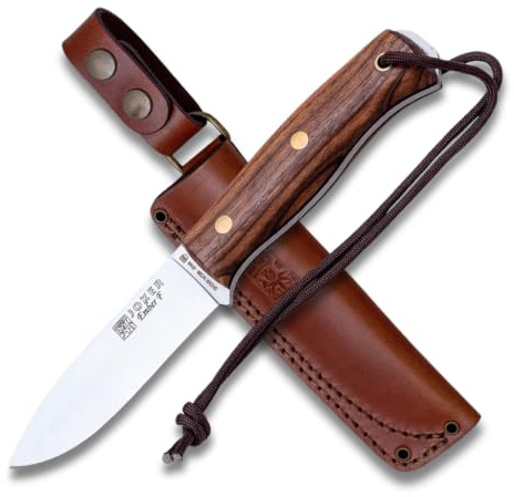 Joker Bushcraft Messer Ember F CN123, Walnuss Holzgriff, Lederscheide, 10,5 cm Klinge aus SANDVIK 14C28N Stahl, inkl. 200 cm Parakord, Werkzeug zum Angeln, Jagen, Camping und Wandern